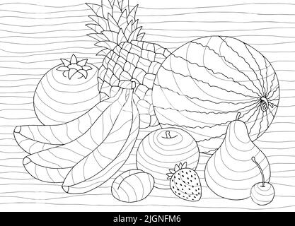 Fruits coloring graphic black white sketch illustration vector Stock Vector