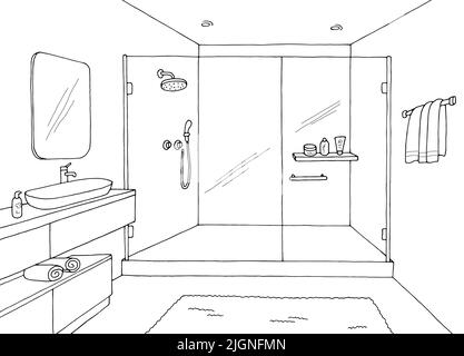 Bathroom graphic home interior black white sketch illustration vector Stock Vector