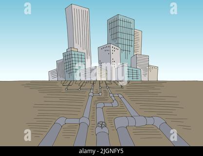 Sewerage under city graphic color cityscape skyline sketch illustration vector Stock Vector
