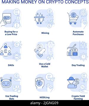 Making money on crypto light blue concept icons set Stock Vector