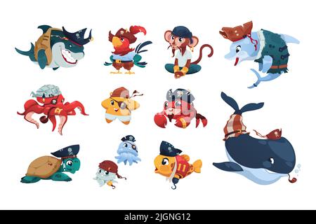 Pirate sea animals. Cartoon nautical animals wearing pirate hats and bandanas, cute brave fish shark monkey parrot crab and turtle. Vector funny Stock Vector