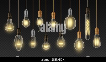 Filament lamps. Realistic incandescent light bulbs of different types and shapes, retro loft interior decoration lamp. Vector glowing vintage ceiling Stock Vector