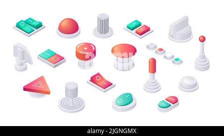 Isometric buttons. 3D toggles switches and sliders, analog control panel regulators isolated set, volume levers and radio adjustment controllers Stock Vector