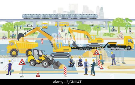 Road construction site with wheel loader and excavator illustration Stock Vector