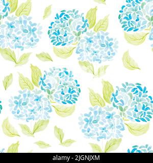 Hand painted with watercolor brush seamless pattern with blue and azure hydrangeas illustration isolated on white background Stock Vector