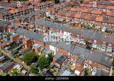 An aerial skyline of Selby in North Yorkshire with rows of back to back terraced houses and yards in a run down part of a Northern town in England Stock Photo