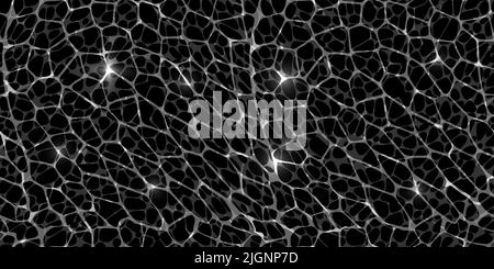 Transparent imitation of liquid movement under illumination. Top view of the water surface with caustic ripples as a seamless pattern on black backgro Stock Vector