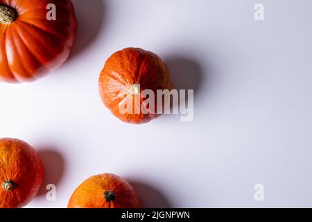 Composition of multiple orange pumpkins lying on white background Stock Photo