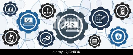 Concept of software testing with icons in cogwheels Stock Photo