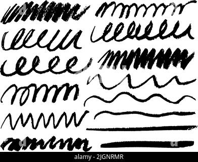 Vector grungy pencil curve lines, charcoal strokes Stock Vector