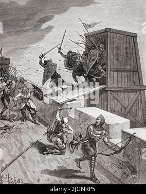 Godfrey de Bouillon at the Siege of Jerusalem in 1099 during the First Crusade.  Godfrey of Bouillon, 1060 – 1100.  Frankish knight, and one of the leaders of the First Crusade.  From Histoire de France, published 1855. Stock Photo