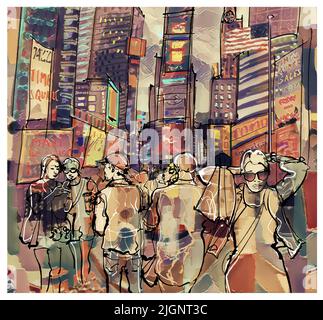 Colorful representation of Times square in New york City. - vector illustration (Ideal for printing on fabric or paper, poster or wallpaper, house dec Stock Vector