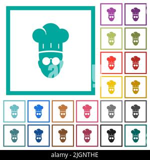Chef with glasses flat color icons with quadrant frames on white background Stock Vector