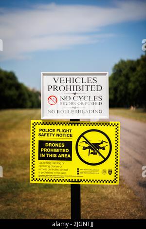 Cycling, rollerblading, drones prohibited sign at the long walk, leading to Windsor Castle, Berkshire, uk Stock Photo