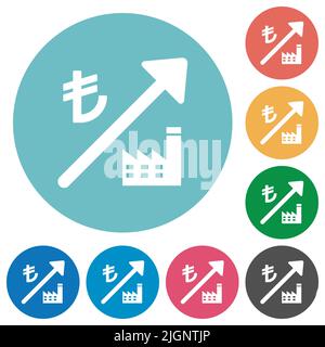 Rising power plant turkish Lira prices flat white icons on round color backgrounds Stock Vector