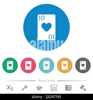Ten of hearts card flat white icons on round color backgrounds. 6 bonus icons included. Stock Vector