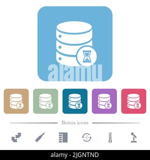 Database working white flat icons on color rounded square backgrounds. 6 bonus icons included Stock Vector
