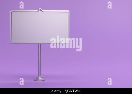 Blank white metal board street stand mockup on purple background. Signboard with silver metal frame template. 3d rendering. Stock Photo