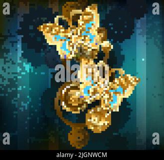 Two mechanical butterflies, with turquoise jewelry wings, decorated with gold gears on turquoise, striped, textured background. Steampunk style. Stock Vector