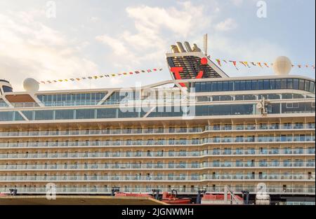 Palma de Mallorca, Spain; june 28 2022: Cruise ship docked in the port of Palma de Mallorca at sunrise, from the tour operator TUI, called Mein Schiff Stock Photo