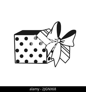 Contour drawing of an open gift box with a festive ribbon and a bow on the lid. Doodle style. Stock Vector