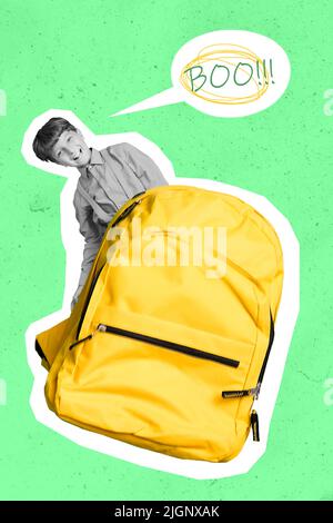 Vertical collage of excited crazy boy black white colors inside backpack say tell scream boo isolated on green painted background Stock Photo