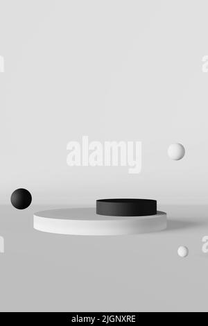 Black podium cosmetics product demonstration white background showcase matte bubble 3d render. Abstact minimal scene design composition floating spher Stock Photo