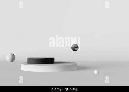 Black podium cosmetics product demonstration white background showcase matte bubble 3d render. Abstact minimal scene design composition floating spher Stock Photo