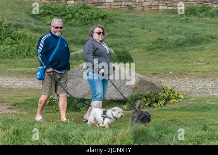 People walking their dogs on the coast path on the headland at Fistral in Newquay in Cornwall in the UK. Stock Photo