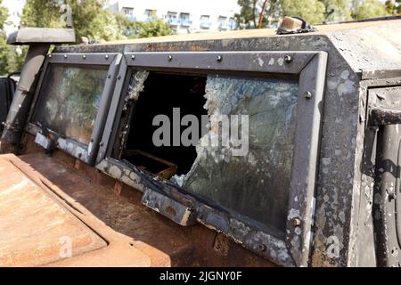 WROCŁAW, POLAND - JULY 12, 2022: Destroyed Russian military equipment exposition 'For your and our freedom' in Wrocław, GAZ-2975 'Tigr'infantry mobili Stock Photo