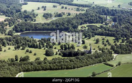 aerial view (from over 1500') of Studley Lake from the North West behind Abbey Road, part of Studley Rpyal Park, North Yorkshire Stock Photo