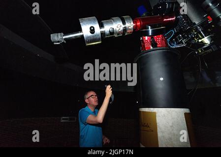 Showing an astronomical observation in the Assumpció Català telescope, the first telescope named after a woman in Europe, in the Montsec Observatory Stock Photo
