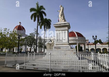 Scenic view of José Martí Park a national monument with the marble statue of José Martí a poet and revolutionary philosopher in Cienfuegos Cuba. Stock Photo