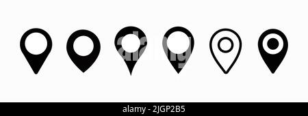 Map location icon. Long simple map mark, symbol pointer, black on white background set Stock Vector