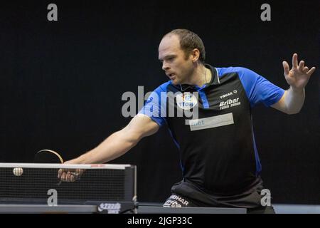 Budapest. 12th July, 2022. Paul Drinkhall of England returns the ball during the Men's Singles Qualifying Round 2 match against Liu Dingshuo of China at the World Table Tennis Star Contender European Summer Series 2022 in Budapest, Hungary on July 12, 2022. Credit: Attila Volgyi/Xinhua/Alamy Live News Stock Photo