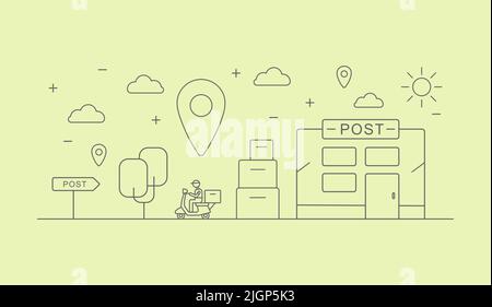 The delivery man on a bike rides to the client from the post office, a large marker stroke Stock Vector