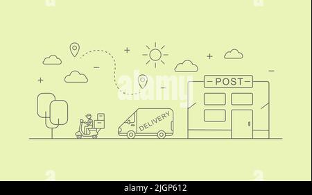 The delivery truck is going to deliver the goods along with the courier on a bike from the post office building stroke Stock Vector