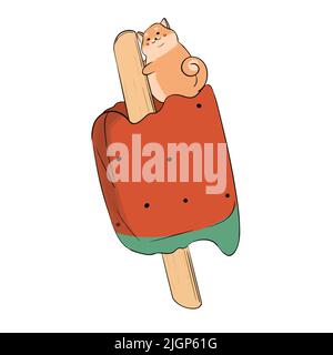 The cat sits on top of a large ice cream and eats it with pleasure Stock Vector