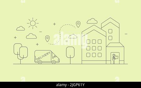 The delivery truck brought the goods to the client and the courier is waiting at the door with a box outline storke Stock Vector