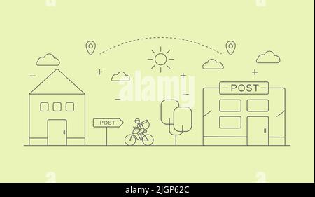 The delivery man rides a bicycle from the client to the post office building Stock Vector