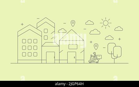Delivery service courier on bike, home for delivery and address and delivery marker on map Stock Vector