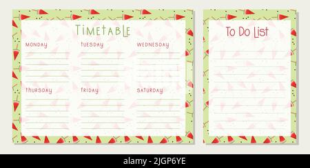 Timetable watermelon , Class schedule, weekly calendar , schedule. Organizer information template. Empty school timetable, Planning sheet planning. Vector illustration Stock Vector
