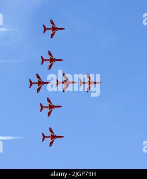 The Royal Air Force Aerobatic Team, The Red Arrows, putting on a spectacular display at the Southport Air Show, Southport, Merseyside, UK Stock Photo