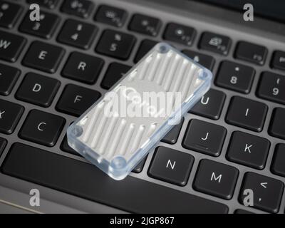 Galati, Romania - June 29, 2022: Coral AI USB Accelerator featuring the Edge TPU that brings ML inferencing to existing systems Stock Photo