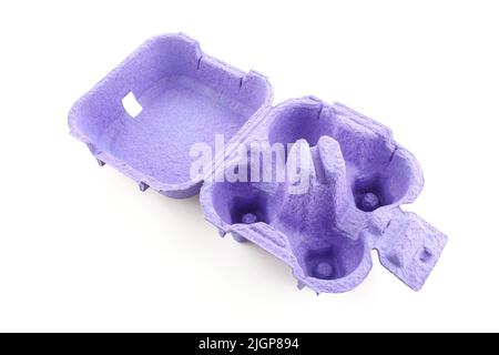 Empty cardboard egg box isolated on white background. Purple four egg container Stock Photo