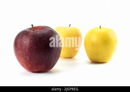 Several fresh apples isolated on a bright background. Close up view. Stock Photo