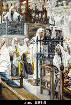 Jesus Unrolls the Book in the Synagogue, watercolour painting by James Tissot, 1886-1894 Stock Photo