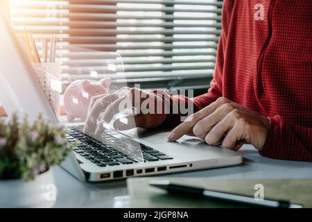 Document management system concept, Businessman working on laptop compter document management system (DMS), Virtual online documentation database and Stock Photo