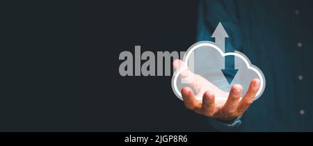 Man hand holding cloud computing concept, Cloud computing concept, Backup Storage Data Internet, networking and digital, Share global, technology conc Stock Photo