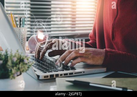 Document management system concept, Businessman working on laptop compter document management system (DMS), Virtual online documentation database and Stock Photo